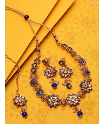 Gold Plated & Blue Kundan Studded Handcrafted Enamelled Jewellery Set Onesize Gold 1