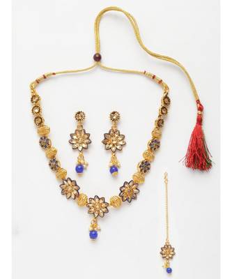 Gold Plated & Blue Kundan Studded Handcrafted Enamelled Jewellery Set Onesize Gold 2