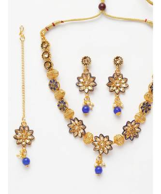 Gold Plated & Blue Kundan Studded Handcrafted Enamelled Jewellery Set Onesize Gold 3