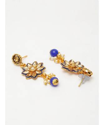 Gold Plated & Blue Kundan Studded Handcrafted Enamelled Jewellery Set Onesize Gold 4