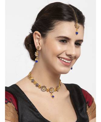 Gold Plated & Blue Kundan Studded Handcrafted Enamelled Jewellery Set Onesize Gold 7