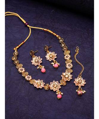 Gold Plated Pink & Beige Kundan Studded Beaded Handcrafted Enamelled Jewellery Set Onesize Gold 1