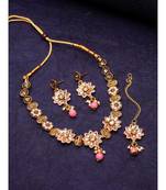 Gold Plated Pink & Beige Kundan Studded Beaded Handcrafted Enamelled Jewellery Set Onesize Gold