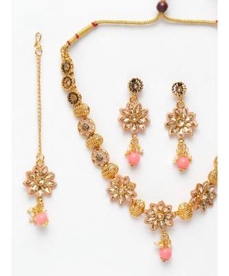 Gold Plated Pink & Beige Kundan Studded Beaded Handcrafted Enamelled Jewellery Set Onesize Gold 3