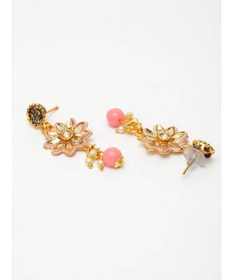 Gold Plated Pink & Beige Kundan Studded Beaded Handcrafted Enamelled Jewellery Set Onesize Gold 4