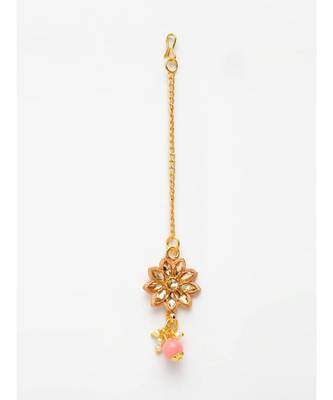 Gold Plated Pink & Beige Kundan Studded Beaded Handcrafted Enamelled Jewellery Set Onesize Gold 5