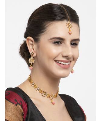 Gold Plated Pink & Beige Kundan Studded Beaded Handcrafted Enamelled Jewellery Set Onesize Gold 7