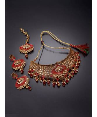 Traditional Goldplated Bridal Look Enamelled Choker With Earring Mangtika Onesize Maroon 1