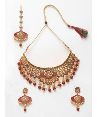 Traditional Goldplated Bridal Look Enamelled Choker With Earring Mangtika Onesize Maroon 2