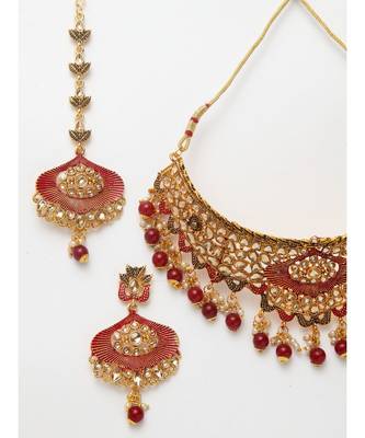 Traditional Goldplated Bridal Look Enamelled Choker With Earring Mangtika Onesize Maroon 3