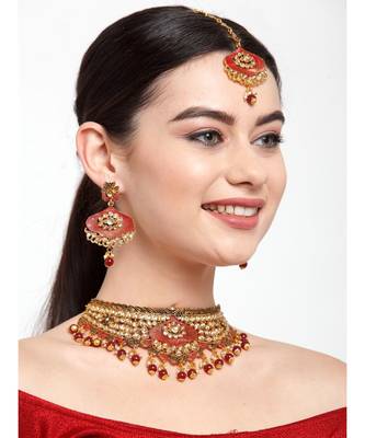Traditional Goldplated Bridal Look Enamelled Choker With Earring Mangtika Onesize Maroon 4