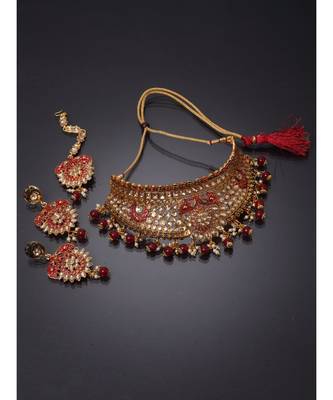 Traditional Goldplated Bridal Look Enamelled Choker With Earring Mangtika Onesize Maroon 1