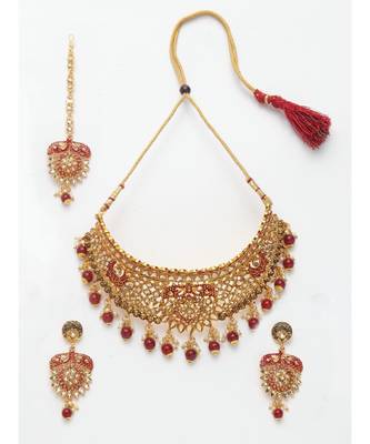 Traditional Goldplated Bridal Look Enamelled Choker With Earring Mangtika Onesize Maroon 2