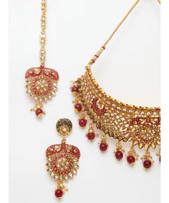 Traditional Goldplated Bridal Look Enamelled Choker With Earring Mangtika Onesize Maroon 3