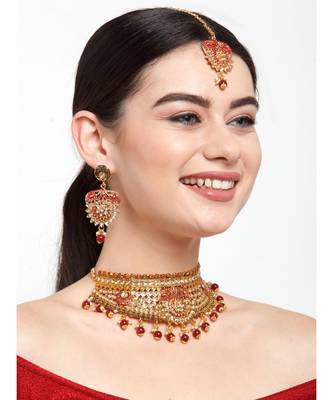 Traditional Goldplated Bridal Look Enamelled Choker With Earring Mangtika Onesize Maroon 4