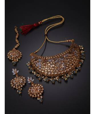 Traditional Goldplated Bridal Look Enamelled Choker With Earring Mangtika Onesize Grey 1