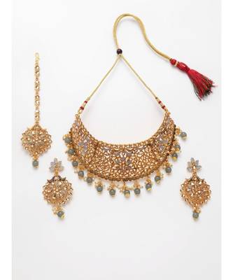 Traditional Goldplated Bridal Look Enamelled Choker With Earring Mangtika Onesize Grey 2