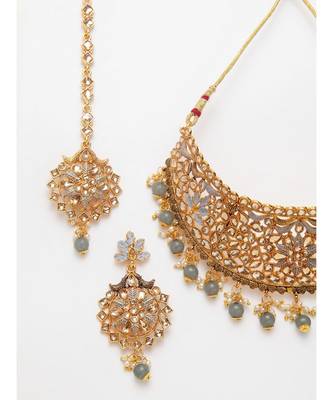 Traditional Goldplated Bridal Look Enamelled Choker With Earring Mangtika Onesize Grey 3