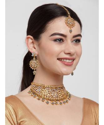 Traditional Goldplated Bridal Look Enamelled Choker With Earring Mangtika Onesize Grey 4