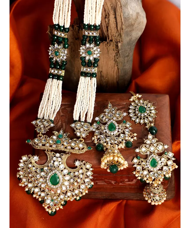 Traditional Gold Plated Pearl Kundan Rani Haar With Earring And Maangtika