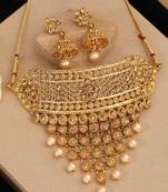 Traditional Gold Plated Designer Tasselled Bridal Necklace With Jhumkas
