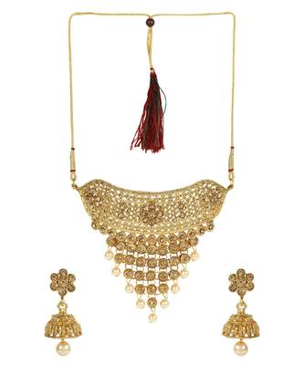 Traditional Gold Plated Designer Tasselled Bridal Necklace With Jhumkas 2