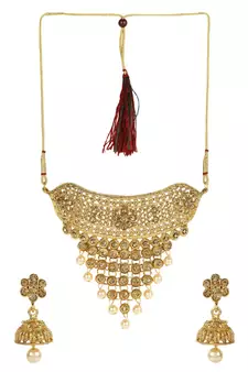 Traditional Gold Plated Designer Tasselled Bridal Necklace With Jhumkas