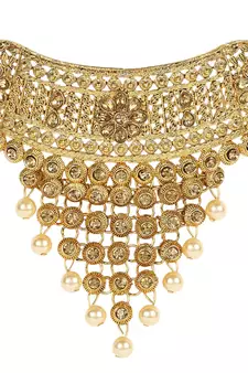 Traditional Gold Plated Designer Tasselled Bridal Necklace With Jhumkas