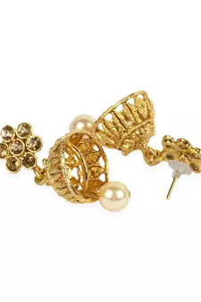 Traditional Gold Plated Designer Tasselled Bridal Necklace With Jhumkas