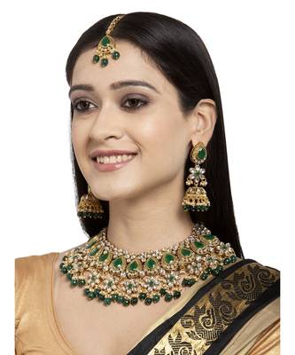 Tradtional Gold Plated Kundan Green Choker Bridal Necklace 8