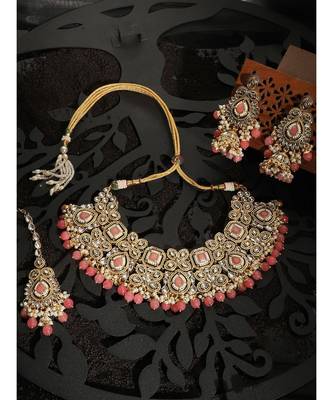 Ethnic Bridal Gold Plated Stone And Pearl Pink Choker With Earring Maangtika 1