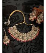 Ethnic Bridal Gold Plated Stone And Pearl Pink Choker With Earring Maangtika