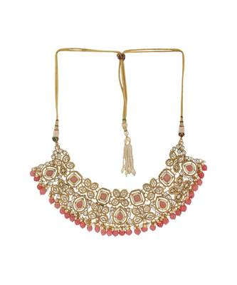 Ethnic Bridal Gold Plated Stone And Pearl Pink Choker With Earring Maangtika 3