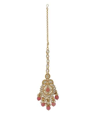 Ethnic Bridal Gold Plated Stone And Pearl Pink Choker With Earring Maangtika 6