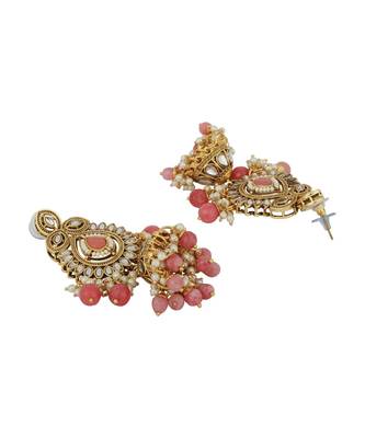 Ethnic Bridal Gold Plated Stone And Pearl Pink Choker With Earring Maangtika 7