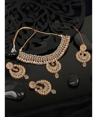 Ethnic Bridal Gold Plated Stone And Pearl Choker With Earring Maangtika 1