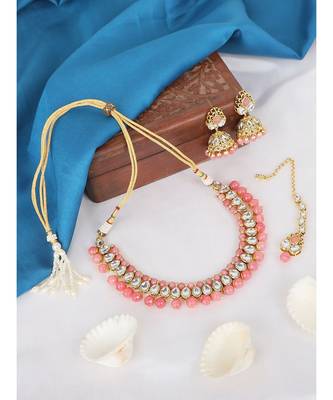 Ethnic Bridal Gold Plated Pink Stone And Pearl Choker With Earring Maangtika 1