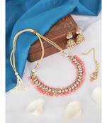 Ethnic Bridal Gold Plated Pink Stone And Pearl Choker With Earring Maangtika