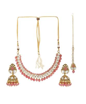 Ethnic Bridal Gold Plated Pink Stone And Pearl Choker With Earring Maangtika 2