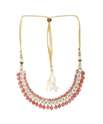 Ethnic Bridal Gold Plated Pink Stone And Pearl Choker With Earring Maangtika 3