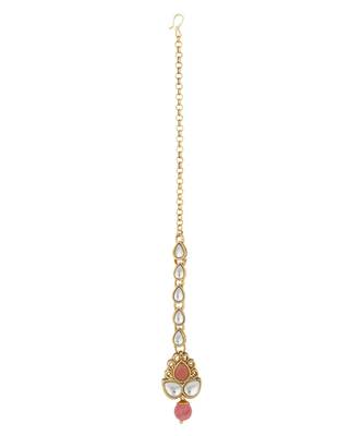 Ethnic Bridal Gold Plated Pink Stone And Pearl Choker With Earring Maangtika 4