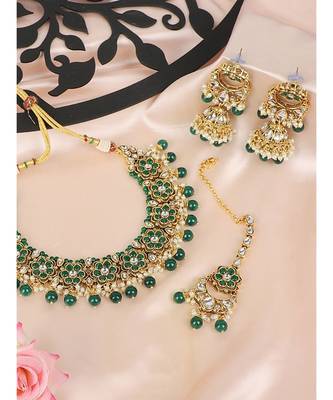 Ethnic Bridal Gold Plated Green Stone And Pearl Choker With Earring Maangtika 1