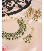 Ethnic Bridal Gold Plated Green Stone And Pearl Choker With Earring Maangtika