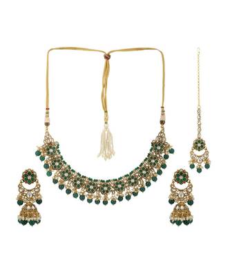 Ethnic Bridal Gold Plated Green Stone And Pearl Choker With Earring Maangtika 2