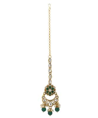 Ethnic Bridal Gold Plated Green Stone And Pearl Choker With Earring Maangtika 4