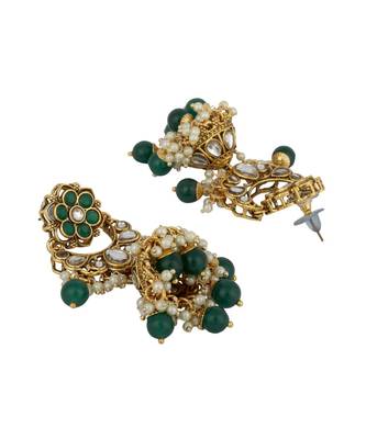 Ethnic Bridal Gold Plated Green Stone And Pearl Choker With Earring Maangtika 6