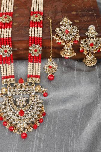 Traditional Gold Plated Red Rani Haar Style Bridal Necklace With Earring Maangtika