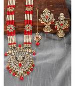 Traditional Gold Plated Red Rani Haar Style Bridal Necklace With Earring Maangtika