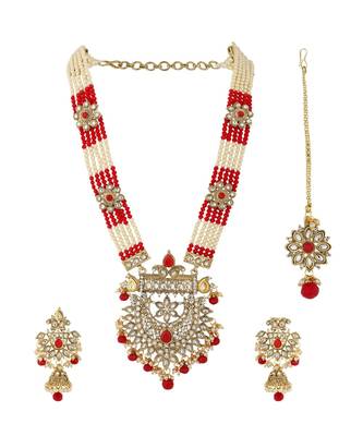 Traditional Gold Plated Red Rani Haar Style Bridal Necklace With Earring Maangtika 2