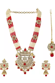 Traditional Gold Plated Red Rani Haar Style Bridal Necklace With Earring Maangtika